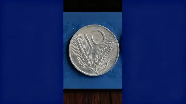 Moneta italiana da 10 Lire con spighe di grano su sfondo blu.