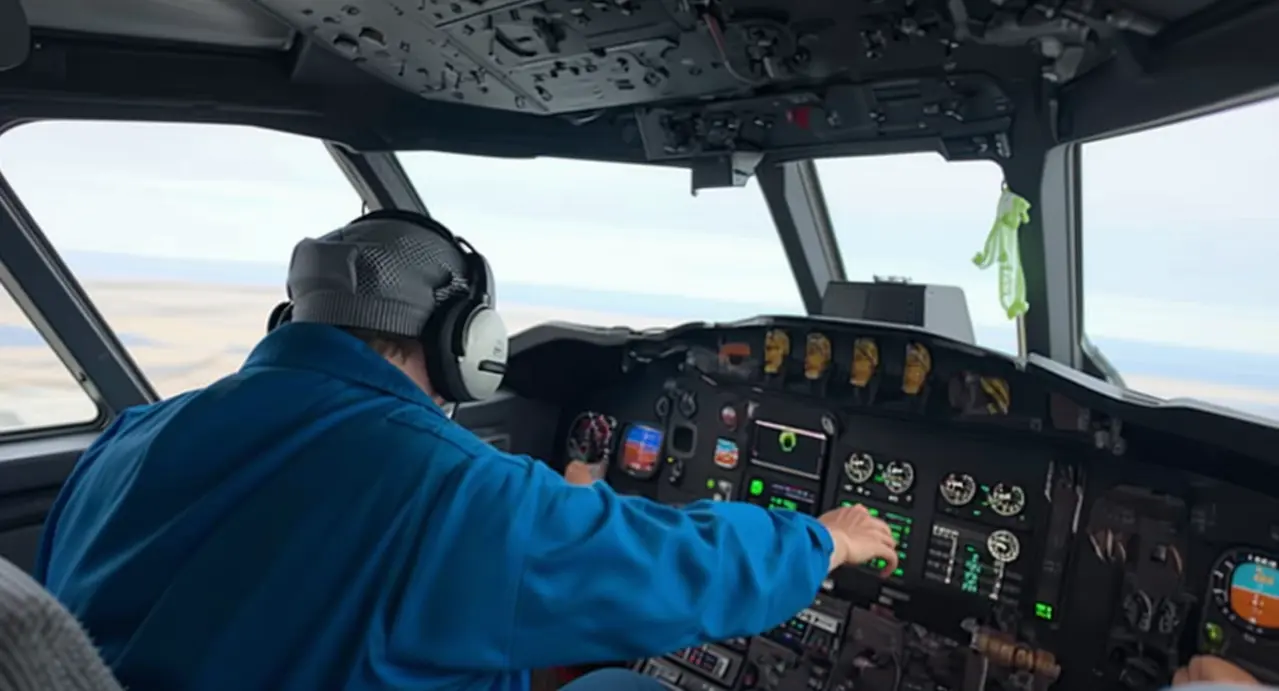 Persona alla guida di un aereo in volo, ripresa dalla cabina di pilotaggio