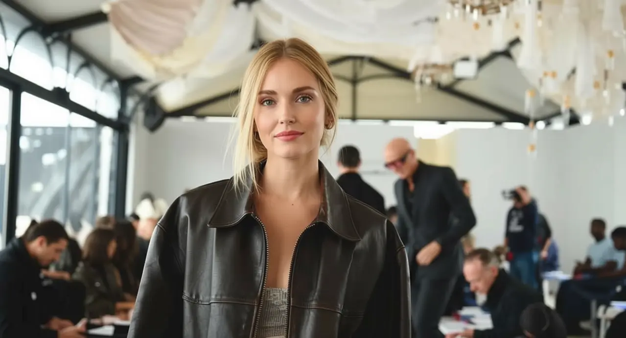 Una donna con giacca in pelle in un ambiente interno affollato