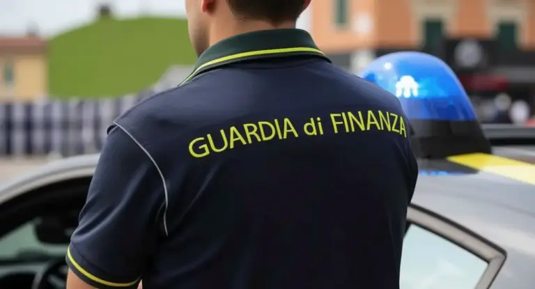 Agente della Guardia di Finanza vicino a un'auto di servizio con lampeggiante blu acceso