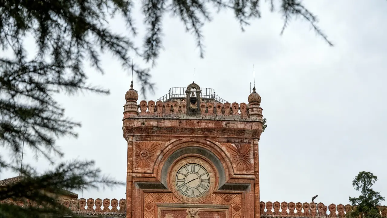 Torre con orologio del Castello di Sammezzano vista tra i rami degli alberi