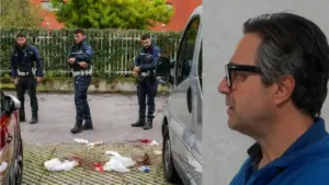 Poliziotti esaminano una scena del crimine con tracce di sangue a terra e materiali sparsi