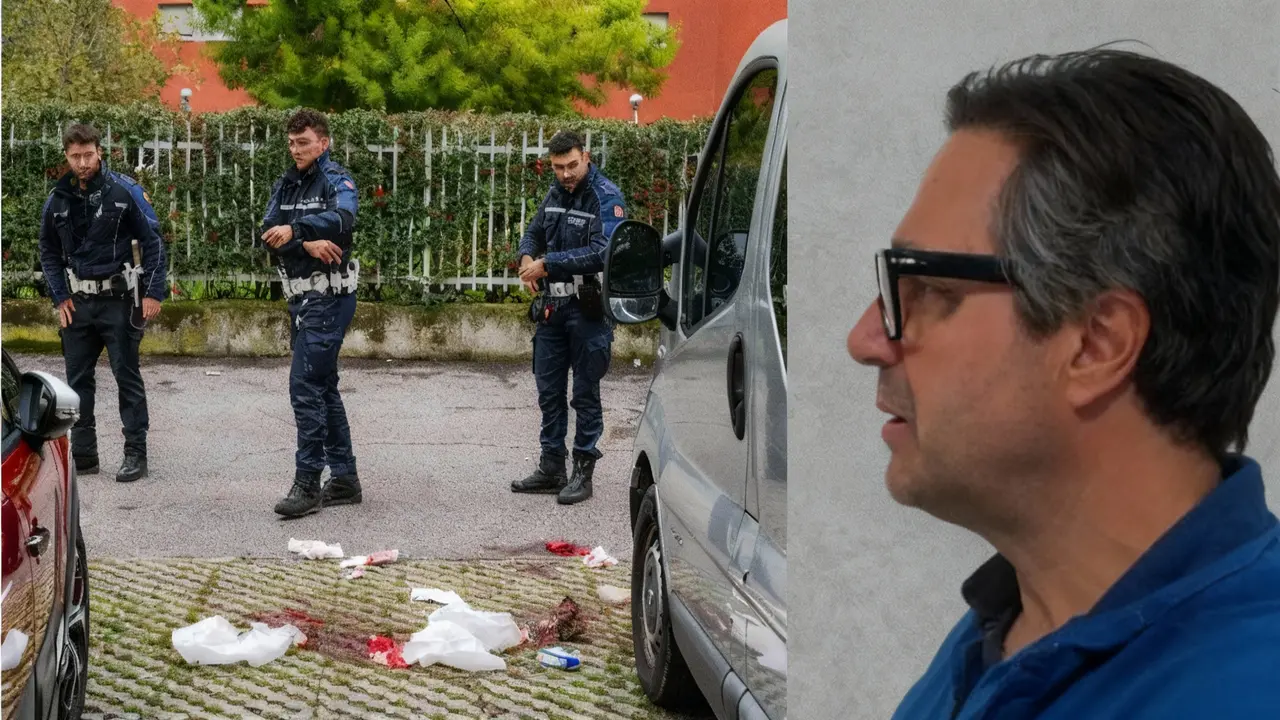 Poliziotti esaminano una scena del crimine con tracce di sangue a terra e materiali sparsi