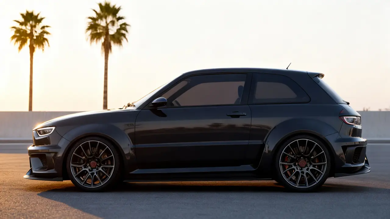 Auto sportiva compatta in stile retrò moderno su strada al tramonto