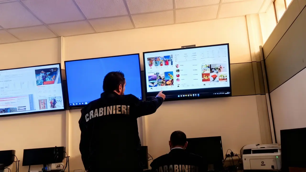 Due agenti dei Carabinieri analizzano contenuti su uno schermo in una sala operativa