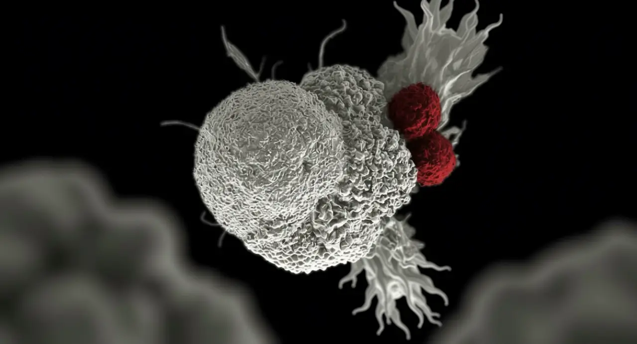 Rappresentazione microscopica di cellule umane interagenti su sfondo nero