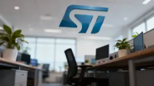 Ufficio moderno con logo STMicroelectronics su una parete di vetro