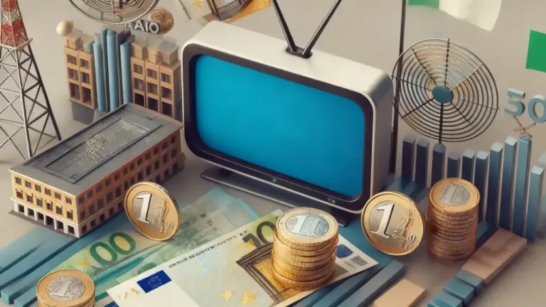 Televisore con monete e banconote, simboli dei costi legati al canone RAI