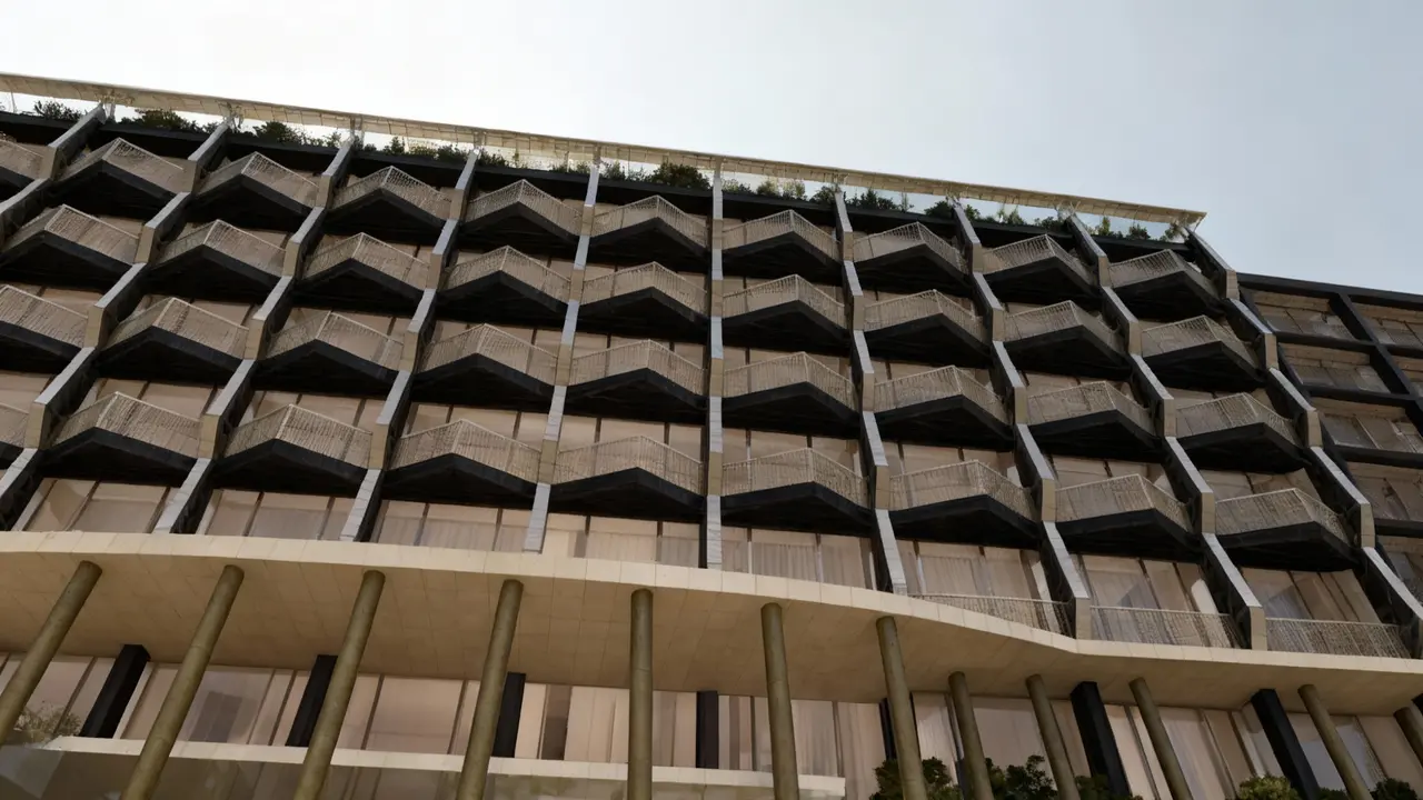 Facciata moderna del nuovo complesso urbano Ex Cariplo a Cagliari con balconi geometrici