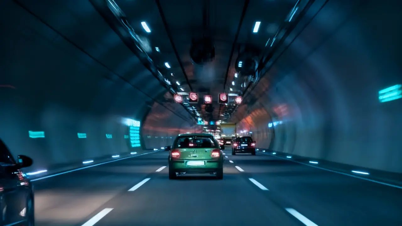 Auto che viaggiano all'interno di una galleria stradale illuminata