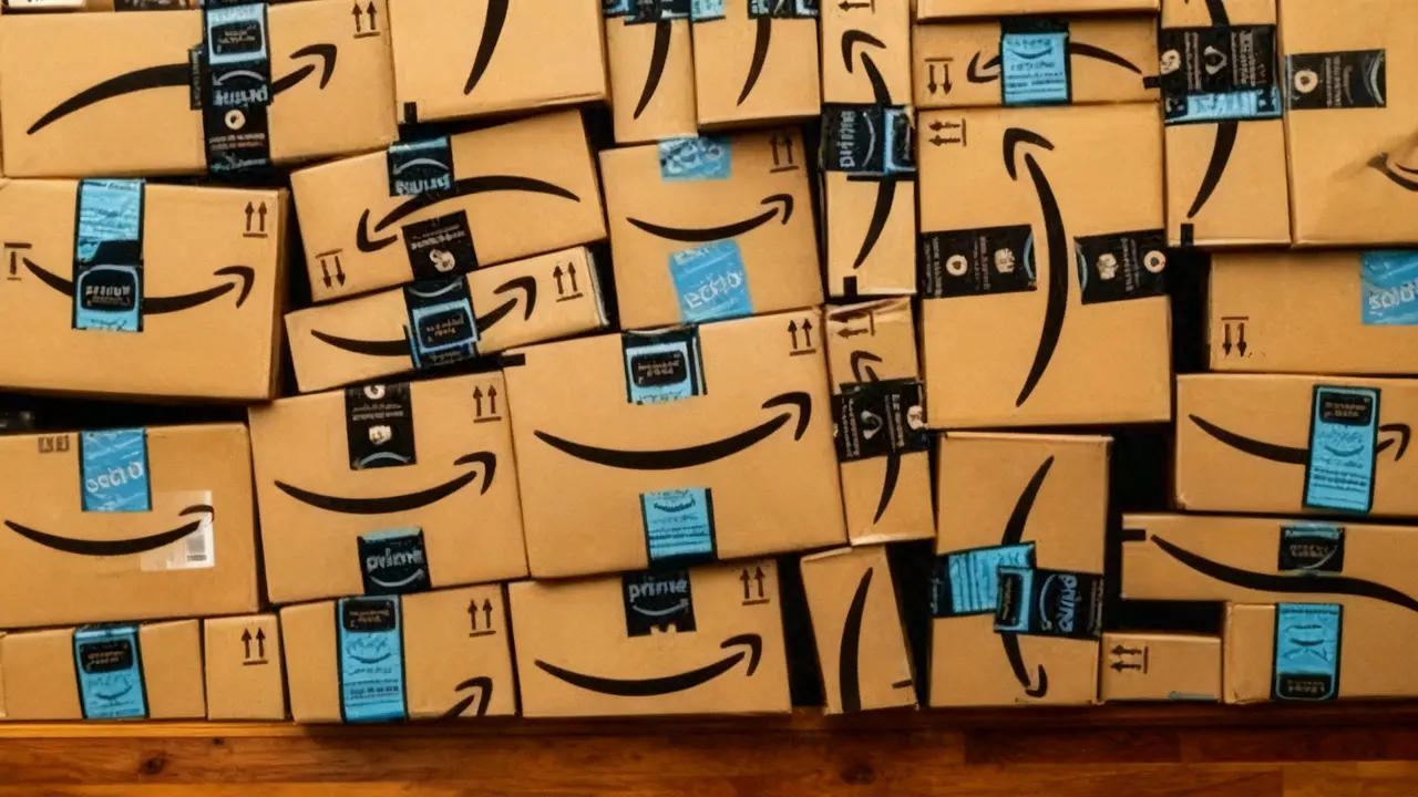 Numerosi pacchi Amazon impilati su una superficie di legno
