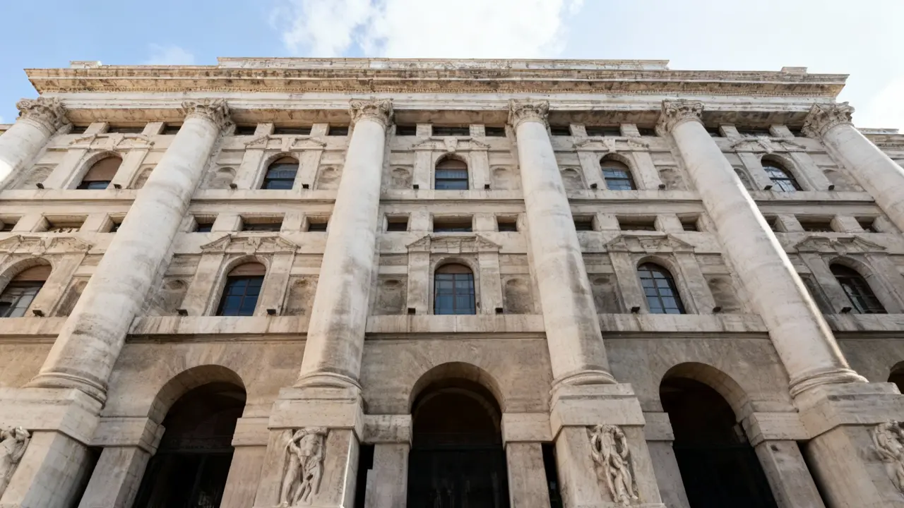 Facciata principale del Palazzo Mezzanotte, sede della Borsa Italiana a Milano