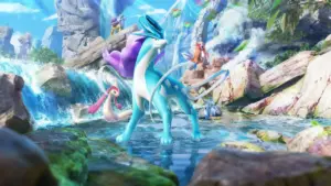 Creature immaginaria simile a un felino in un paesaggio naturale con cascate e rocce