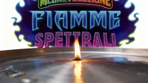 Fiamma accesa su una superficie metallica con logo colorato di Fiamme Spettrali sullo sfondo