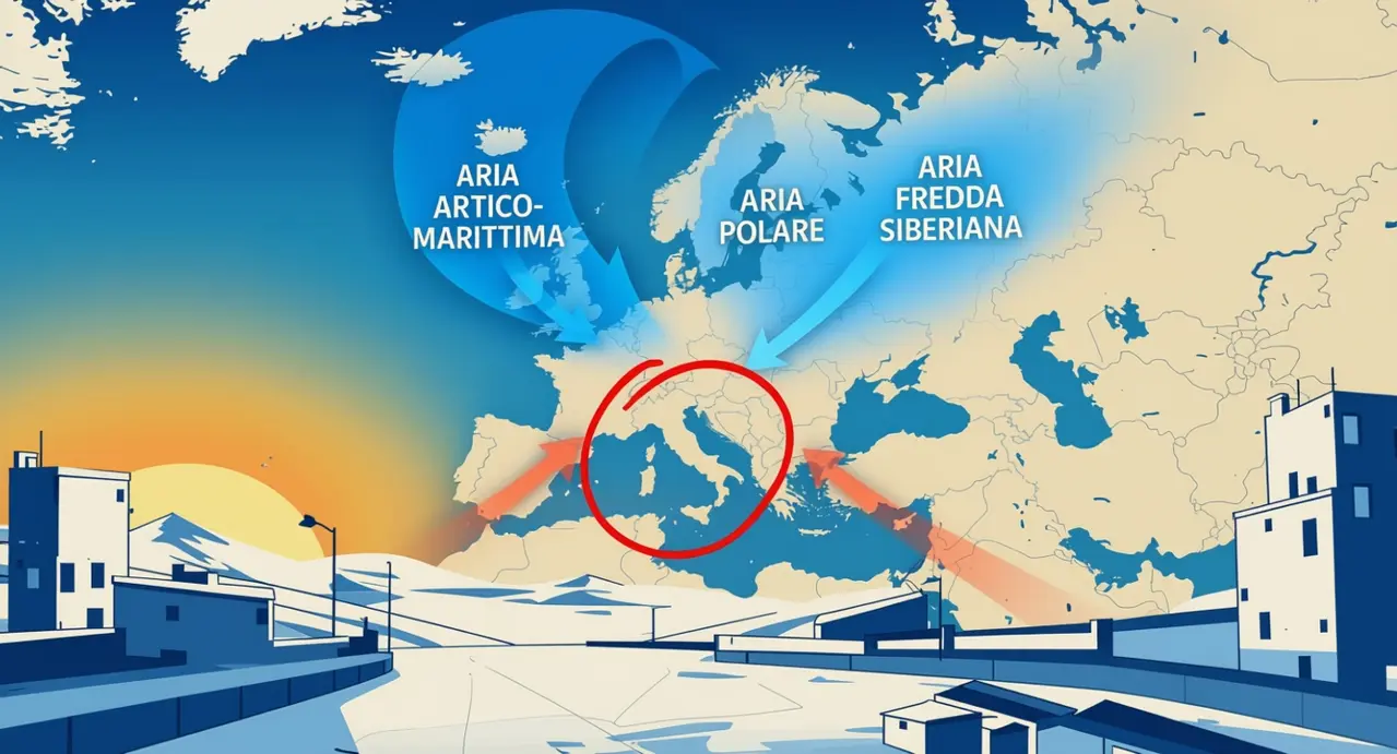 Mappa dell'Europa con frecce che indicano masse d'aria fredda dirette verso l'Italia