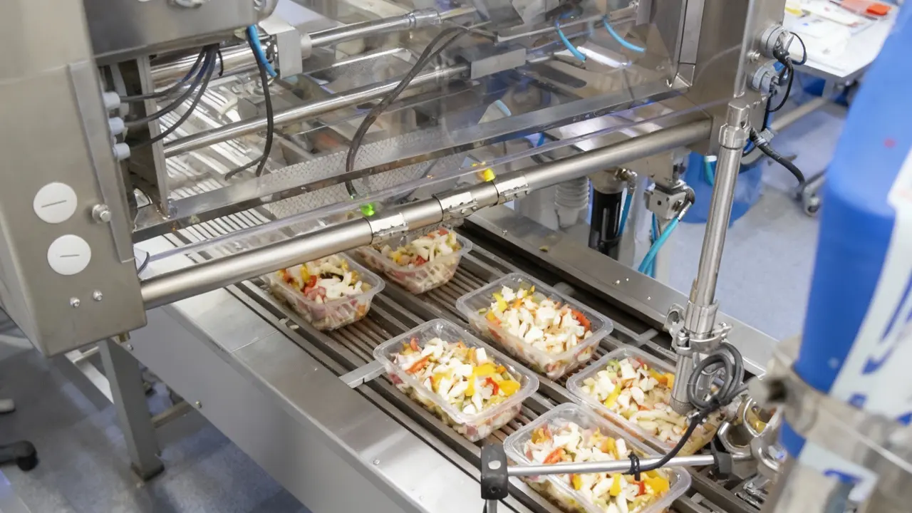 Linea di confezionamento alimentare con vaschette pronte su nastro trasportatore