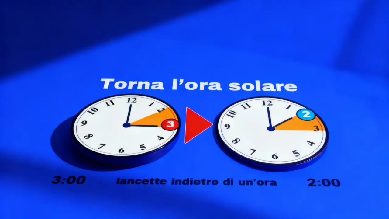 Due orologi che mostrano il passaggio dall'ora legale all'ora solare su sfondo blu