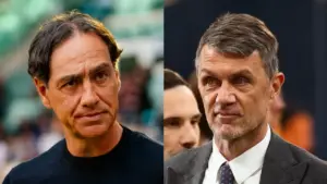 Due uomini in primo piano in ambienti differenti, uno con maglia scura e l'altro in abito elegante