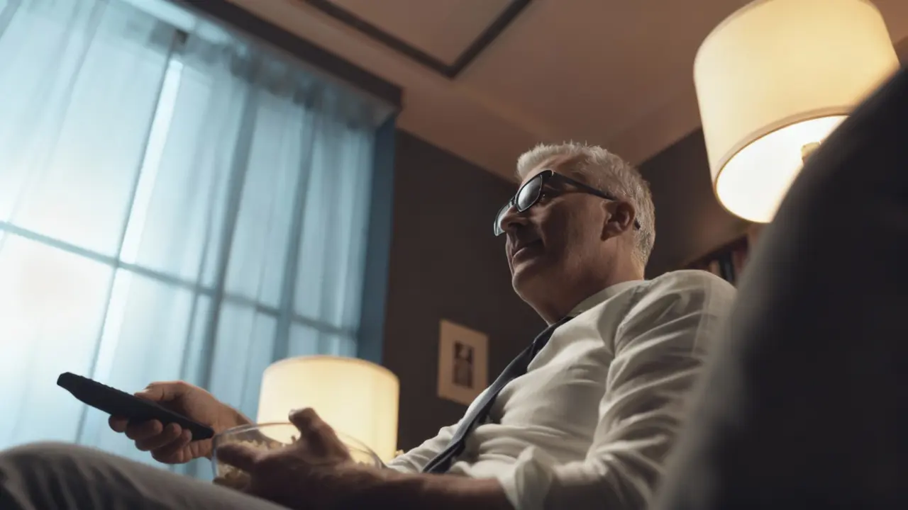 Una persona seduta su un divano con un telecomando e una ciotola in mano in un ambiente domestico