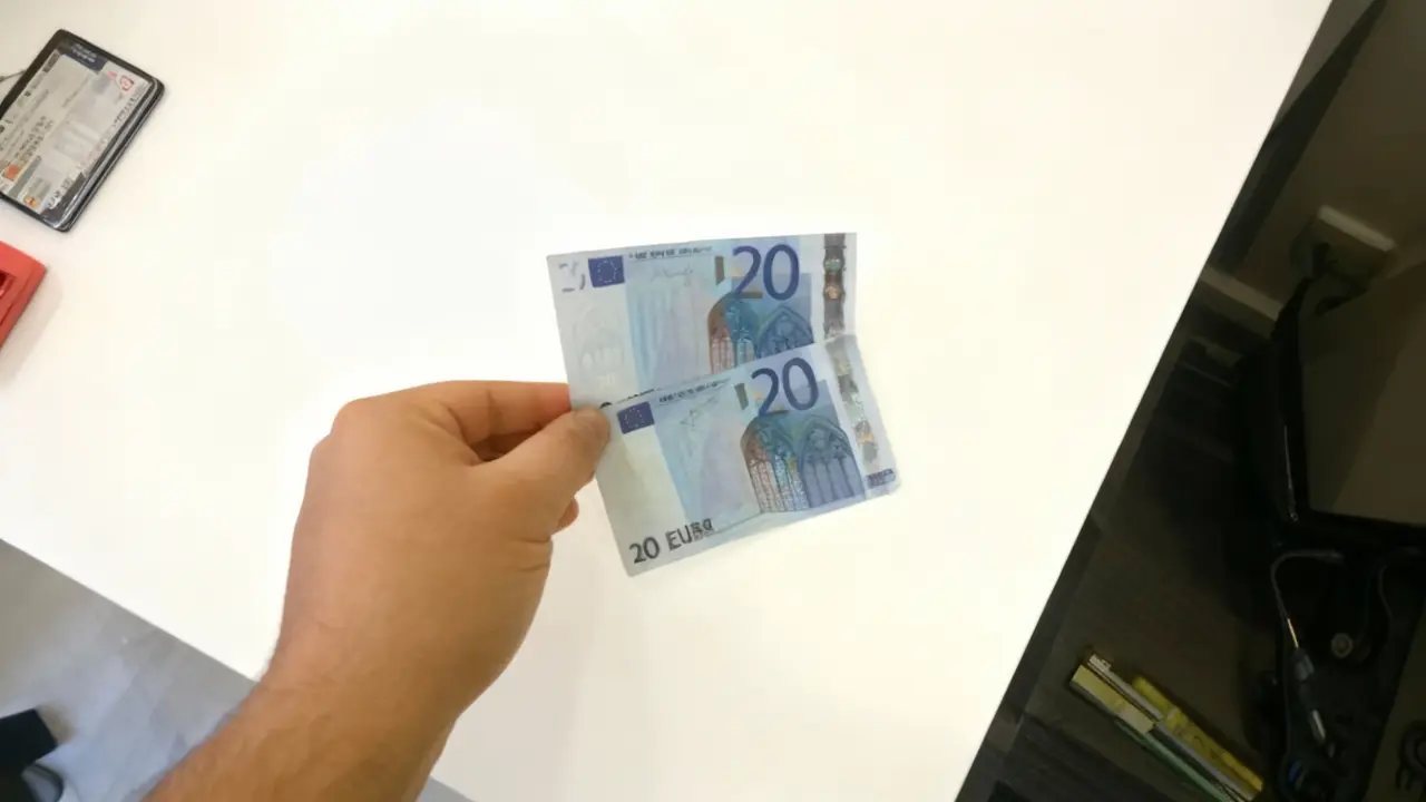 Una mano tiene due banconote da 20 euro sopra un tavolo bianco