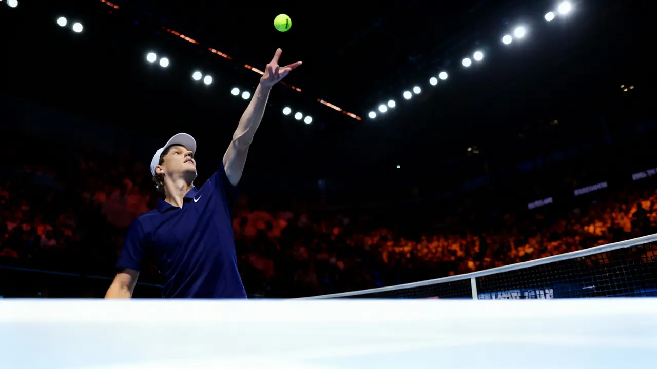 Tennista al servizio durante una partita su campo indoor illuminato
