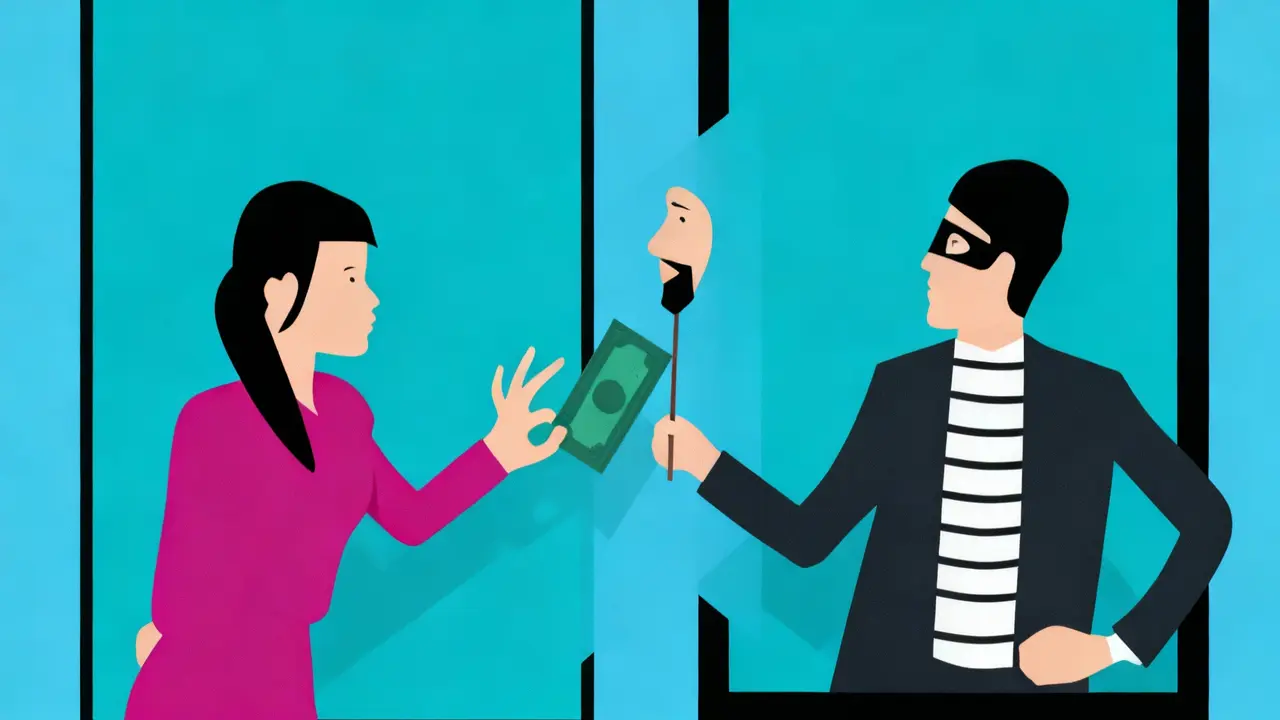 Una persona consegna denaro a un truffatore mascherato attraverso uno schermo