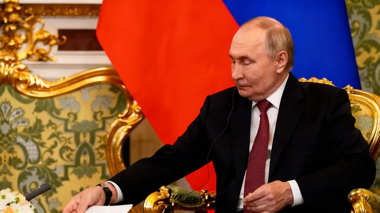 Un uomo seduto su una sedia dorata con sfondo di bandiere rosse e blu