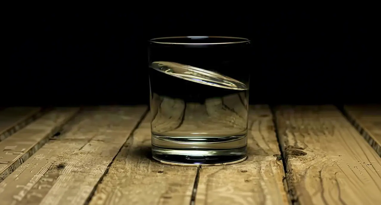 Bicchiere d'acqua su una superficie di legno in un ambiente scuro