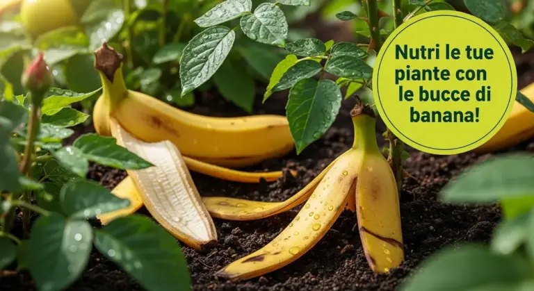 Bucce di banana tra piante verdi in un terreno umido