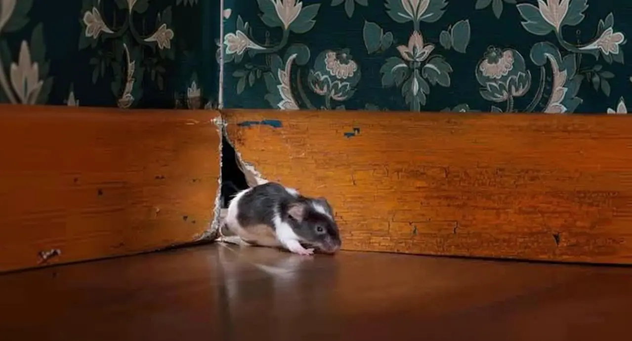 Un topo esce da un buco nel battiscopa di una stanza con carta da parati floreale