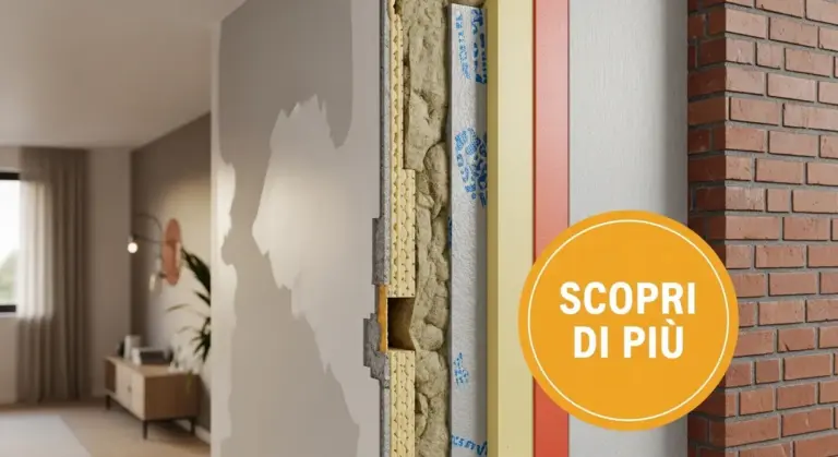 Sezione di una parete interna con materiali isolanti visibili in un ambiente domestico moderno