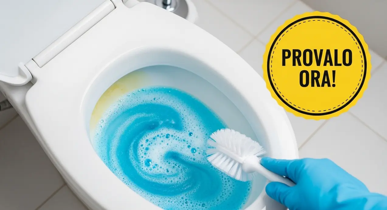 WC con acqua blu e mano con guanto che lo pulisce con una spazzola