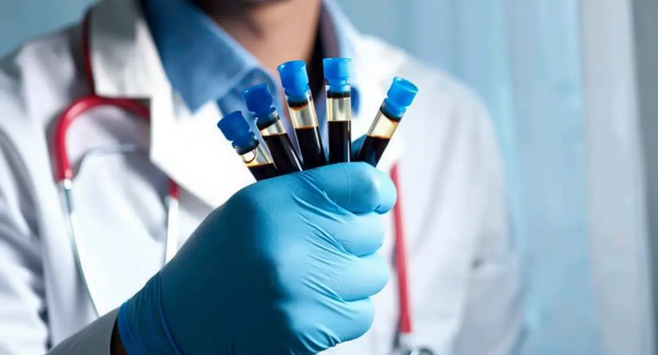 Una persona in camice bianco tiene provette di sangue in mano con guanti medici