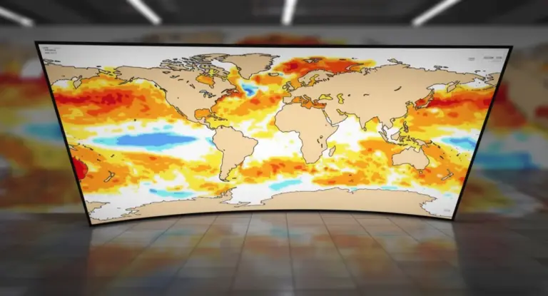 Mappa mondiale delle temperature oceaniche con aree colorate che indicano anomalie termiche