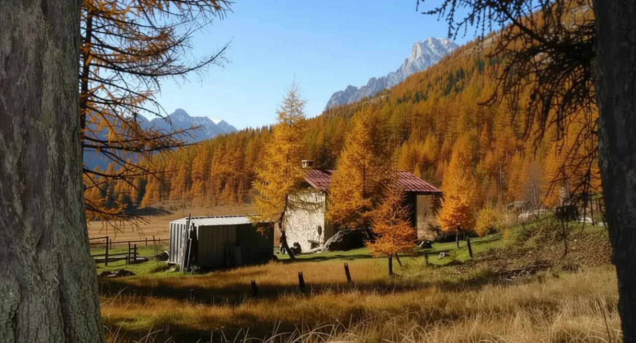 Casetta rurale tra alberi autunnali in una vallata di montagna, con cielo sereno e limpido
