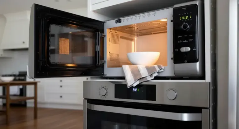 Forno a microonde acceso con una ciotola bianca all'interno in una cucina moderna