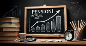 Grafico a barre su lavagna con freccia crescente, libri, calcolatrice e sveglia su un banco.