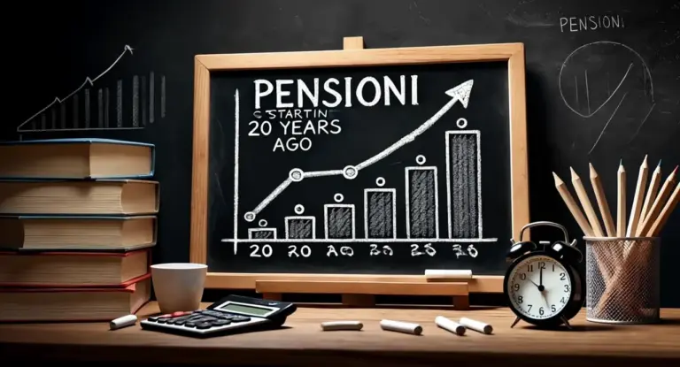 Grafico a barre su lavagna con freccia crescente, libri, calcolatrice e sveglia su un banco.