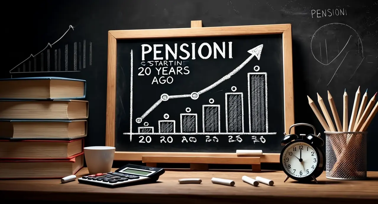 Grafico a barre su lavagna con freccia crescente, libri, calcolatrice e sveglia su un banco.