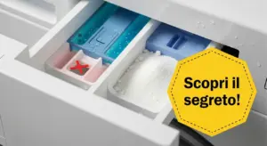 Cassetto della lavatrice con comparti per detersivo e ammorbidente, uno dei quali è contrassegnato con una X rossa