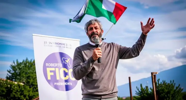 Una persona parla al microfono durante un comizio all'aperto con una bandiera italiana sullo sfondo