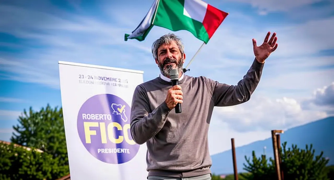 Una persona parla al microfono durante un comizio all'aperto con una bandiera italiana sullo sfondo