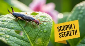 Una forbicina su una foglia verde bagnata con gocce di rugiada