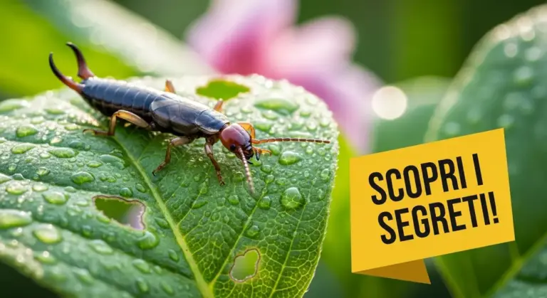 Una forbicina su una foglia verde bagnata con gocce di rugiada
