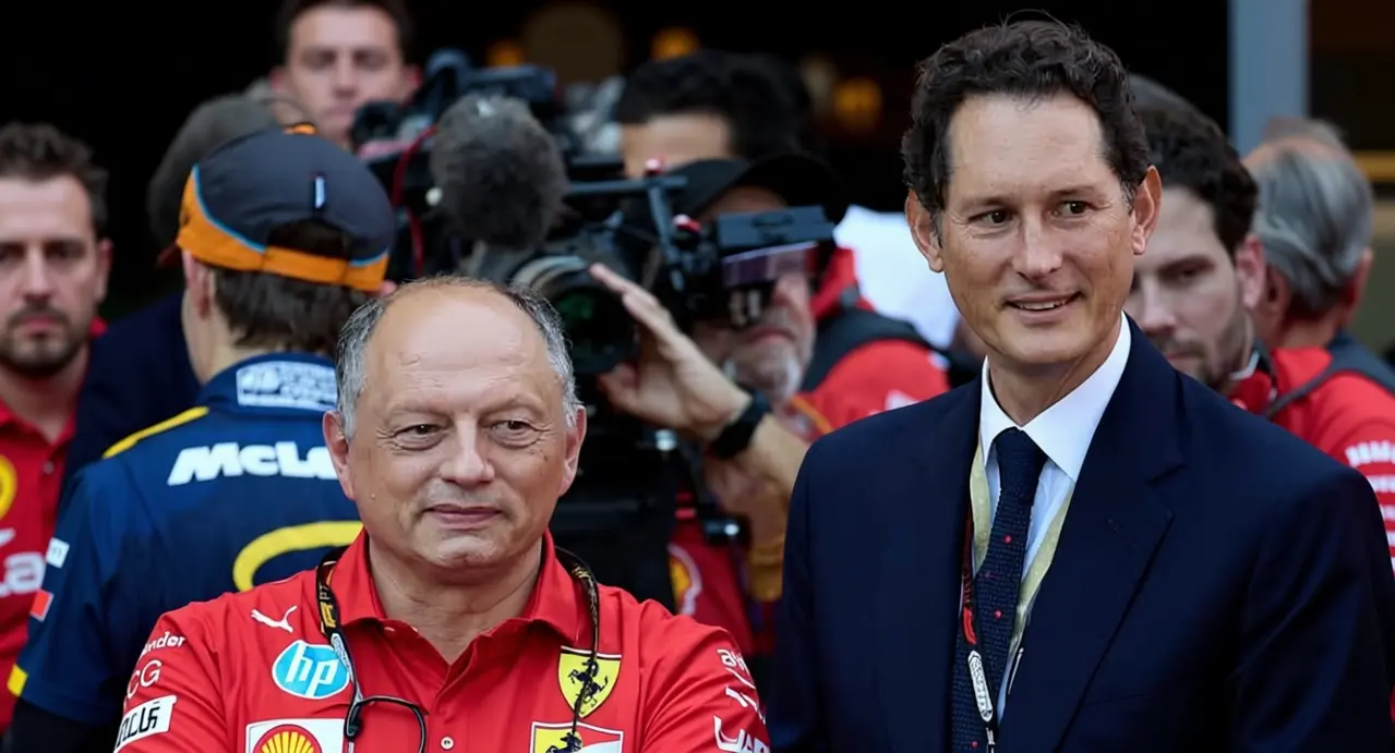 Due uomini nel paddock della Formula 1, uno in abbigliamento Ferrari e l'altro in abito formale