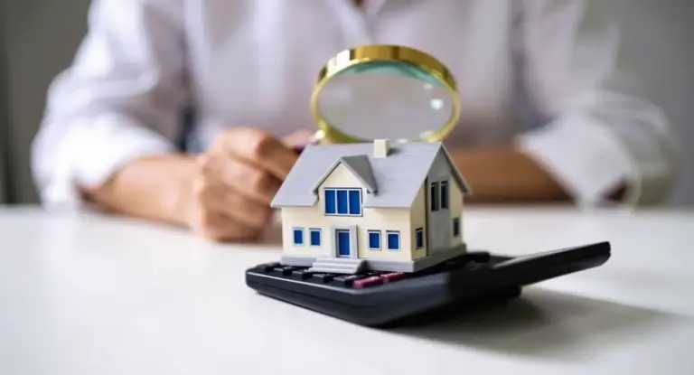 Modellino di casa su una calcolatrice con una persona che osserva con lente d'ingrandimento