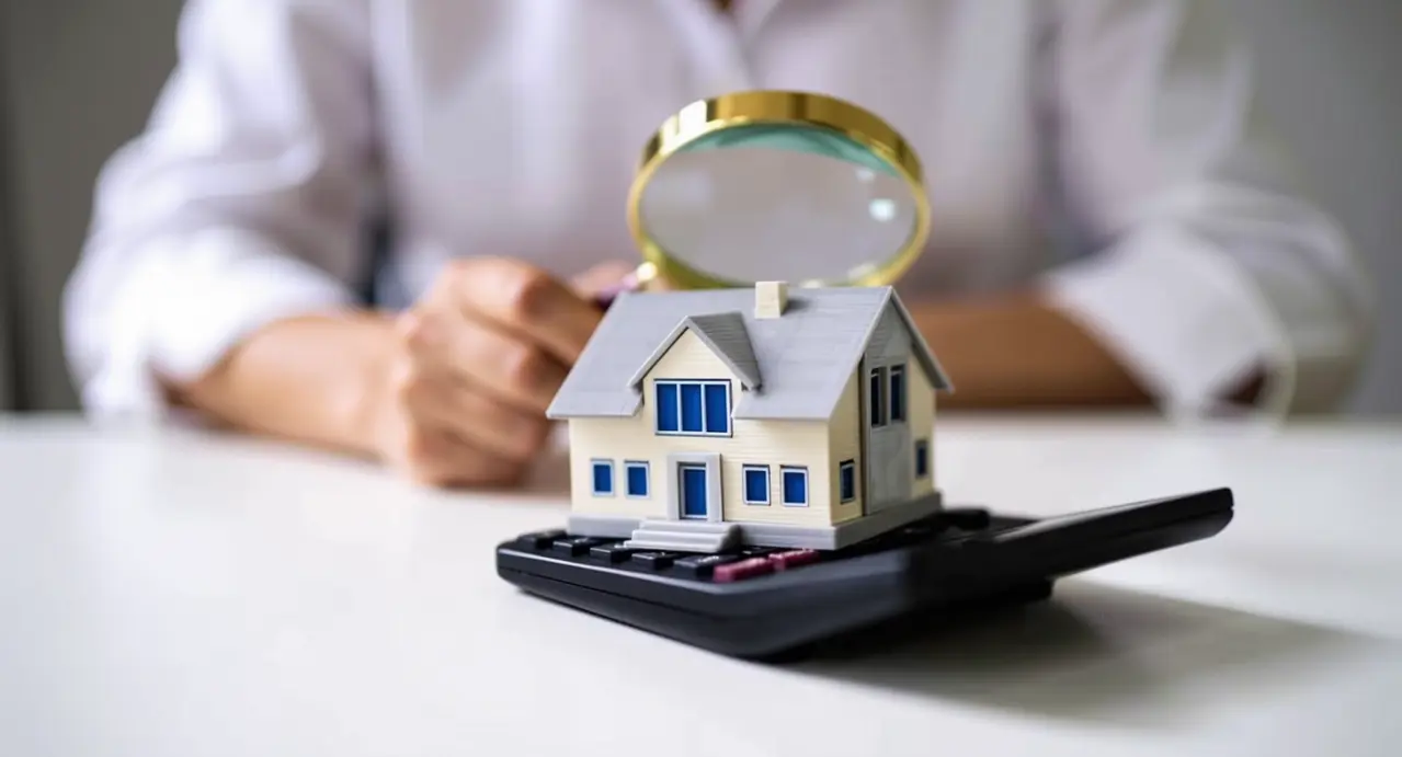 Modellino di casa su una calcolatrice con una persona che osserva con lente d'ingrandimento