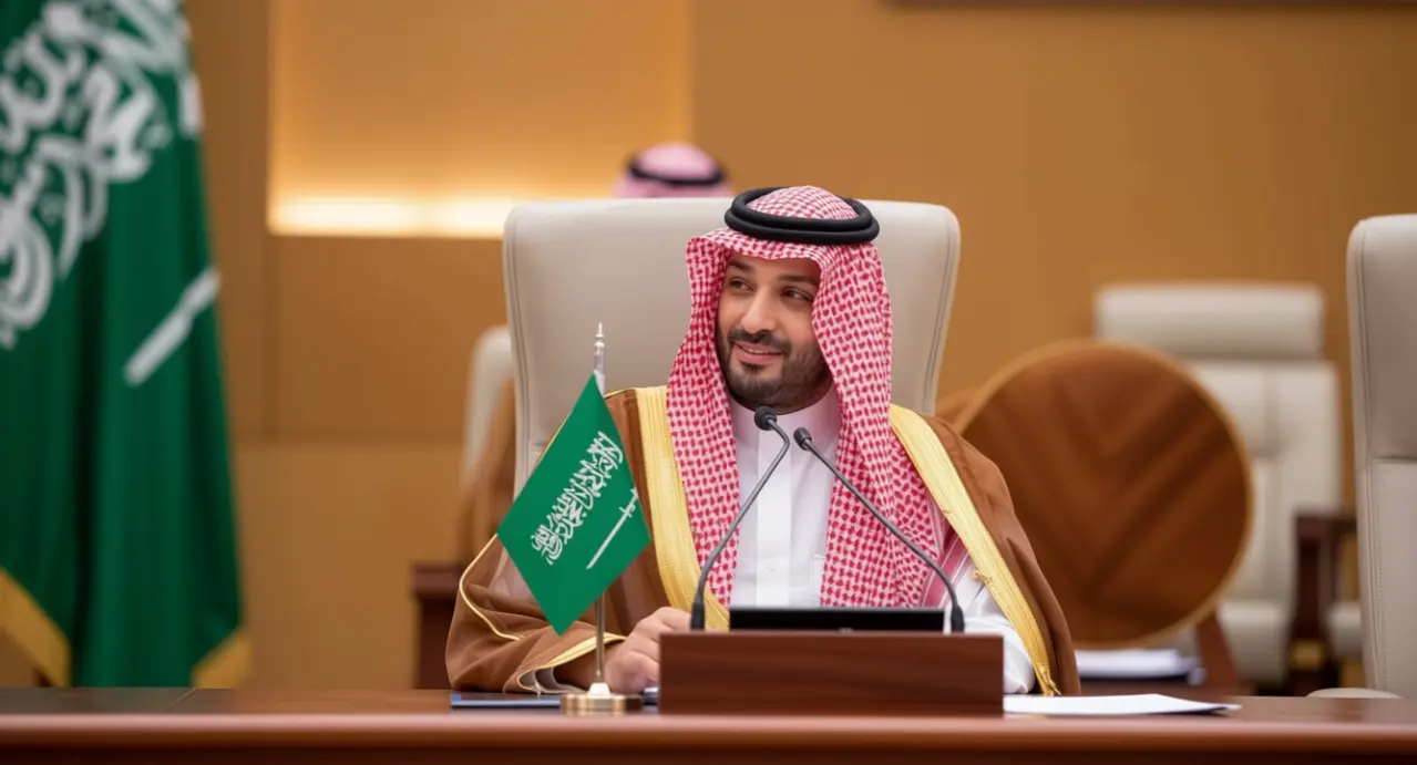 Un uomo in abiti tradizionali sauditi seduto a un tavolo con bandiera dell'Arabia Saudita