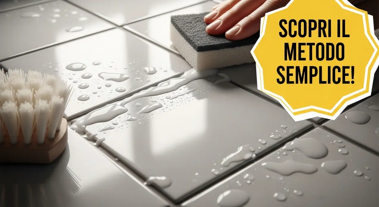 Mano che pulisce piastrelle bagnate con una spugna accanto a una spazzola