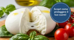 Mozzarella fresca tagliata a metà su un tagliere con pomodorini e foglie di basilico